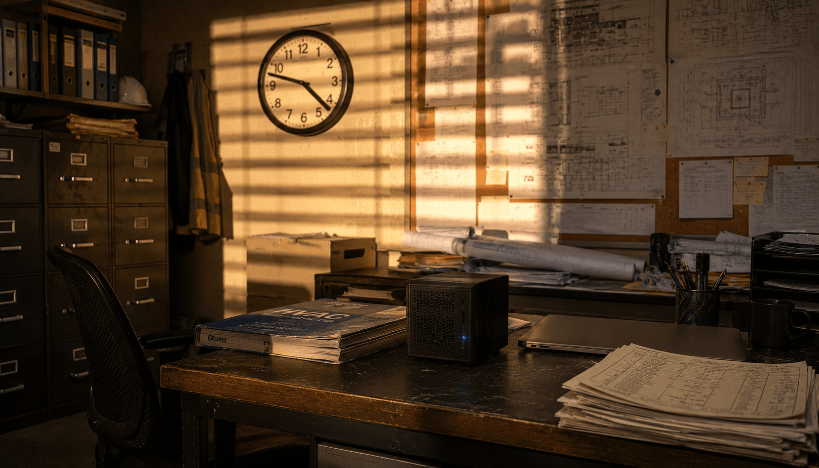 The AI workstation on a desk in a commercial contractor's back office at golden hour