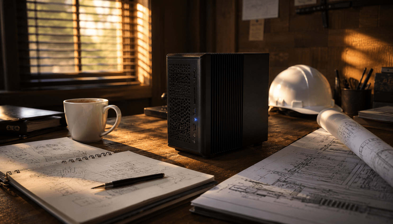 The AI Junior on a Box on a contractor's desk in late afternoon light