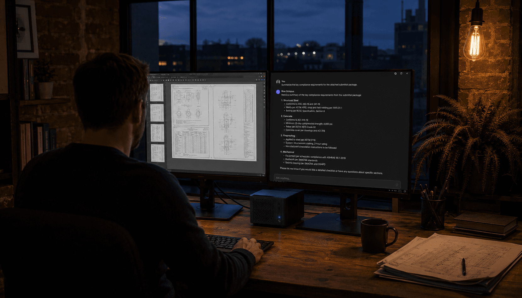 An operator using the AI workstation at dusk in an industrial loft