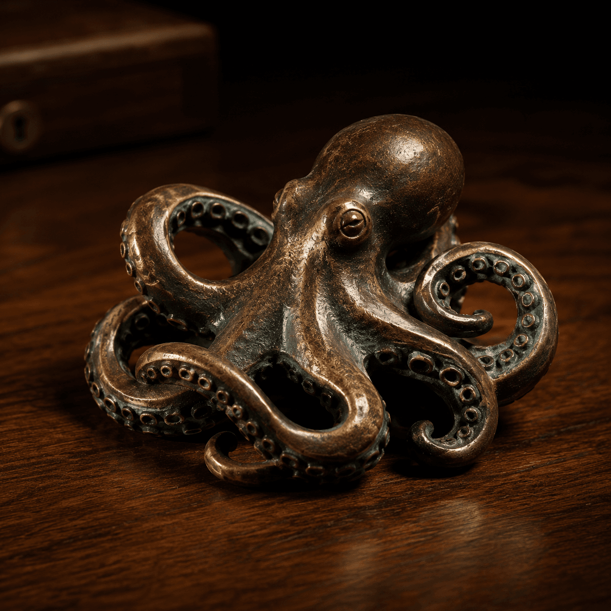 Bronze octopus sculpture on a walnut desk