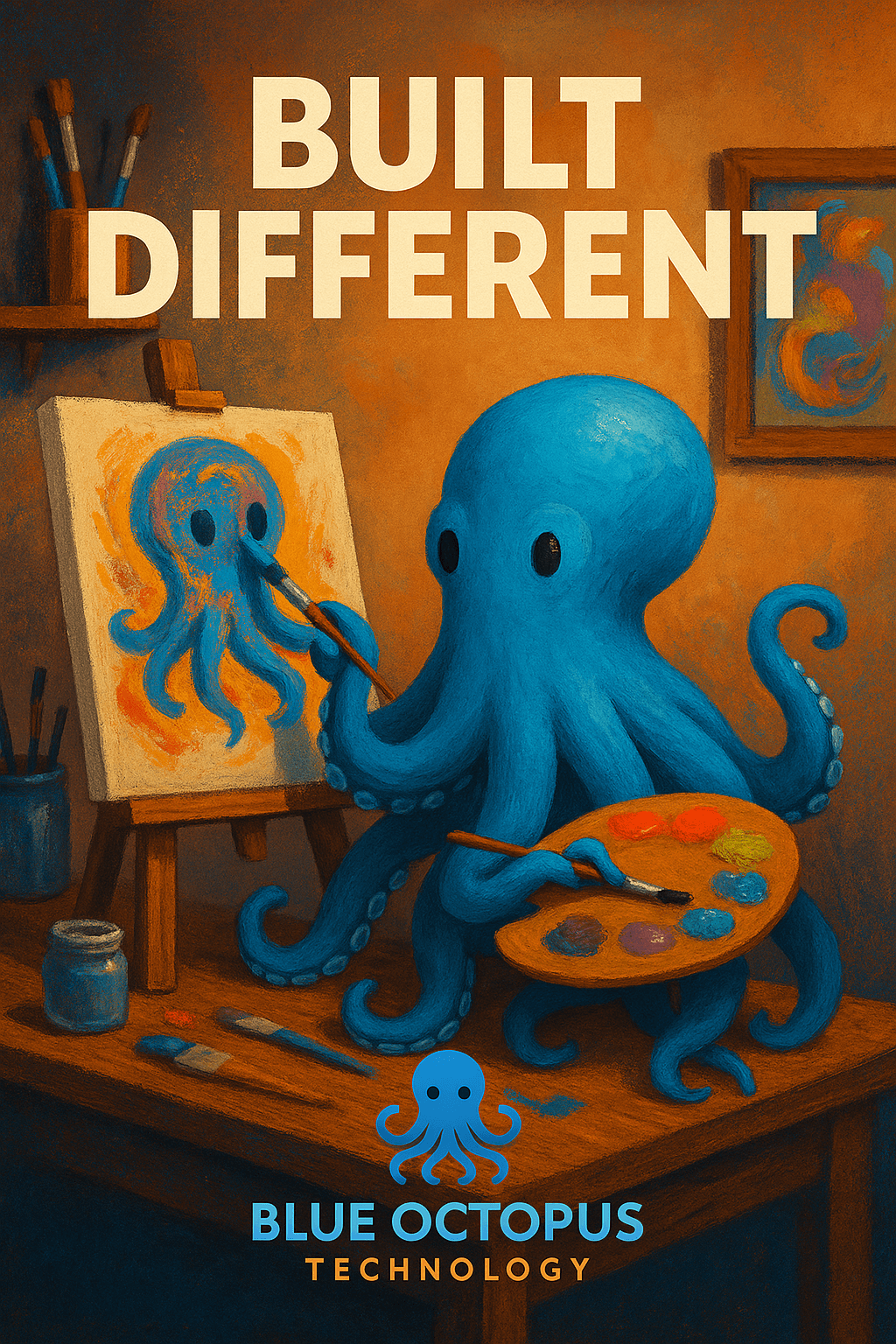 Blue octopus painting a self-portrait at an easel in an art studio