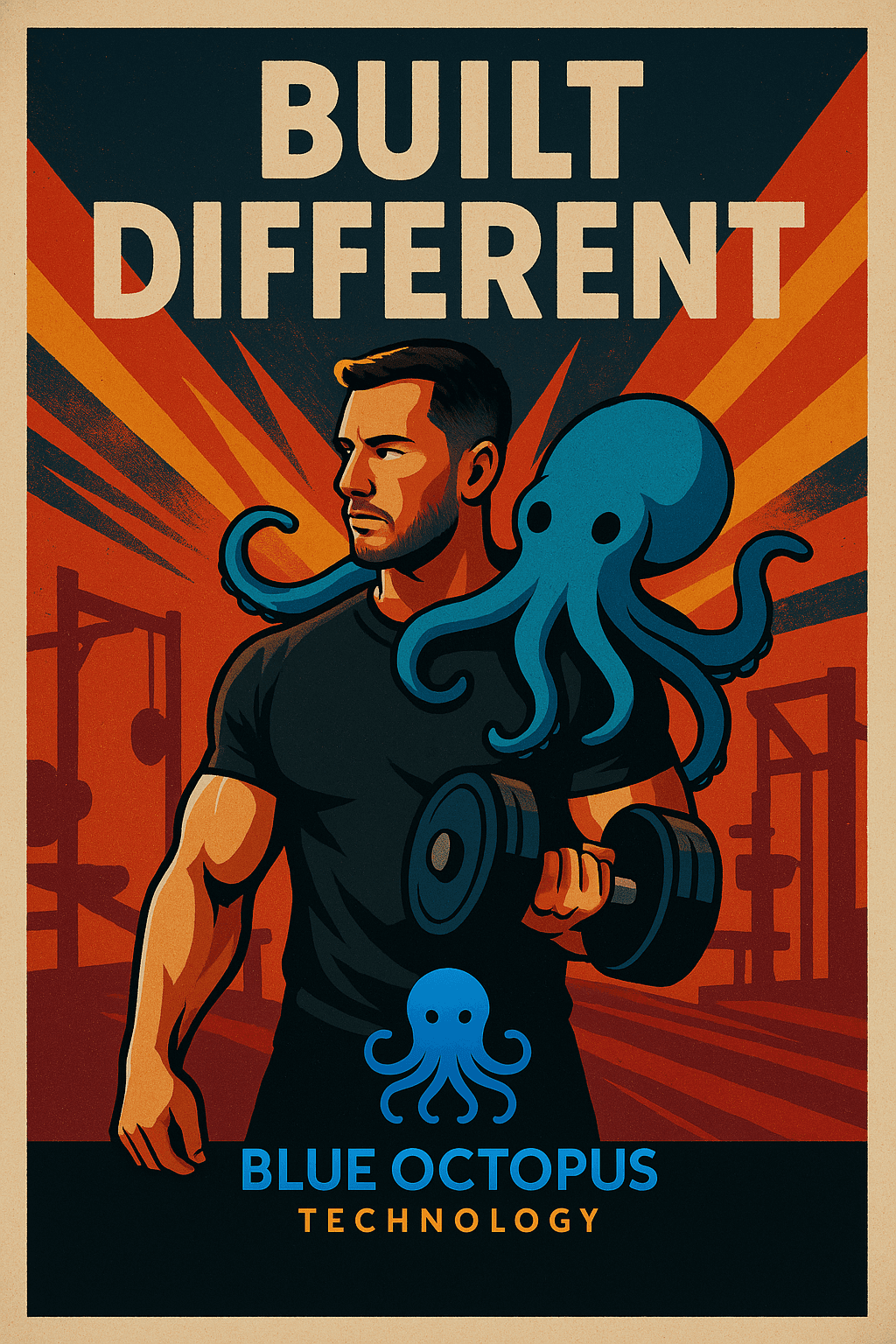 Man lifting weights with blue octopus perched on his shoulder, Soviet poster style