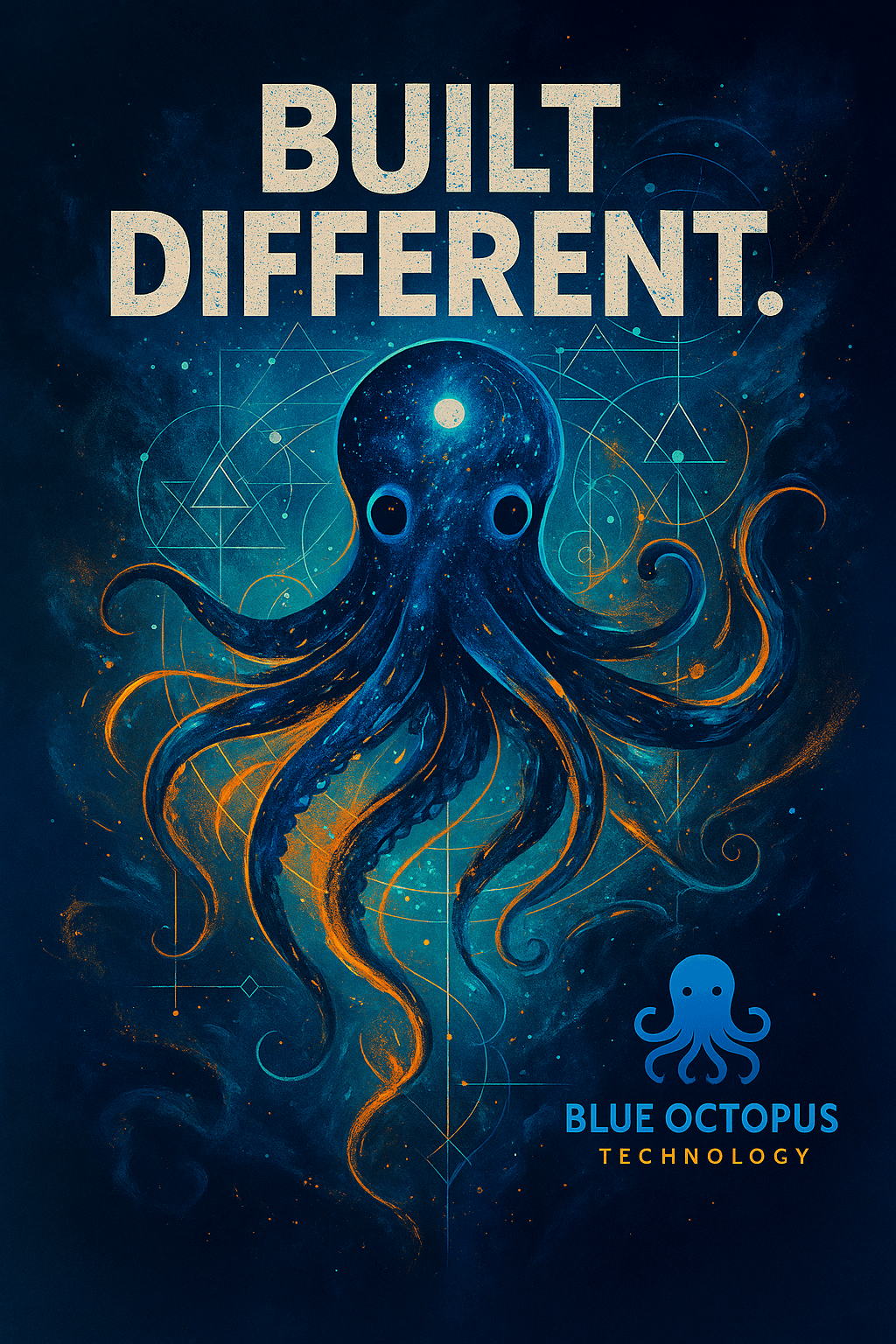 Deep-sea octopus with geometric sacred geometry and starfield background