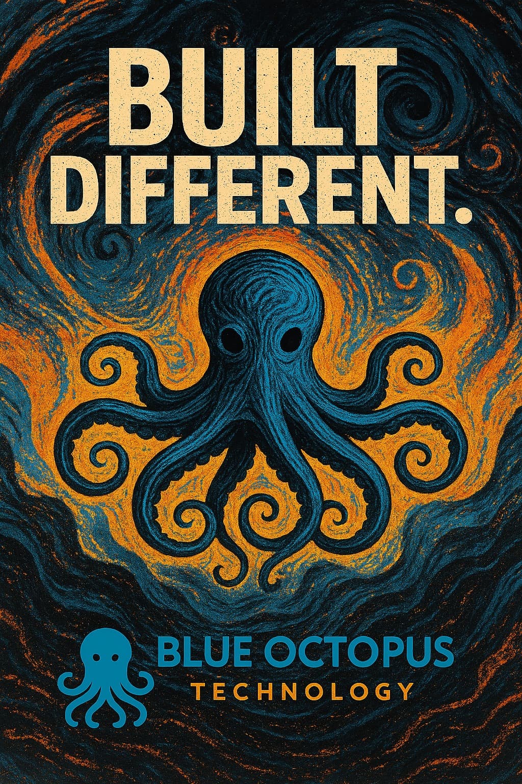 Octopus silhouette with swirling Van Gogh-style orange and teal brushstrokes