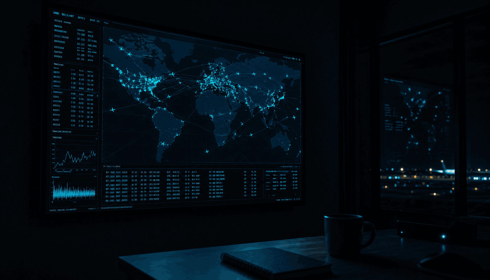 Aircraft tracking interface showing live positions on a dark map