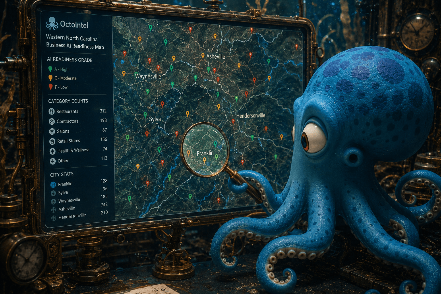 Octo at the BluePages WNC business AI-readiness map, magnifying glass over Franklin
