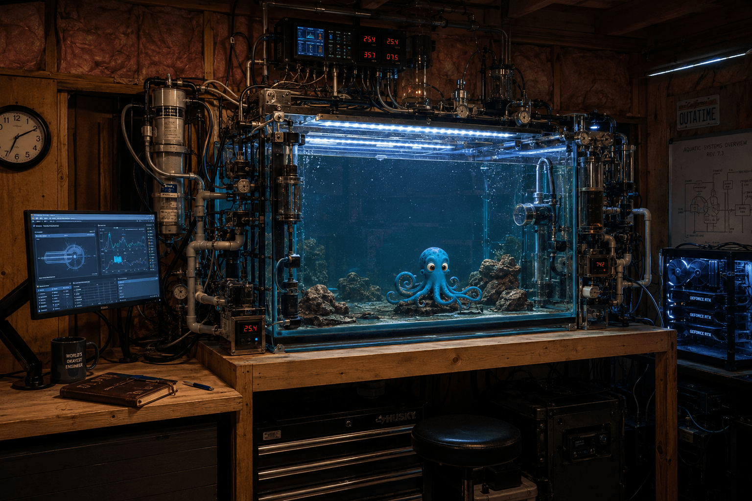 Octo in his hacked-together aquarium workshop, gigantic absurd tank dominating the workbench, GPU rig glowing on the right, monitor with dashboards on the left.