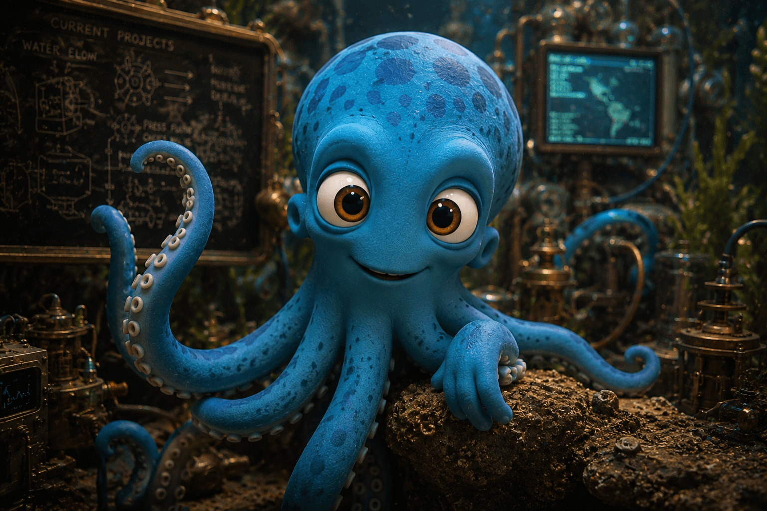 Octo, the stylized blue octopus character that runs Blue Octopus Technology