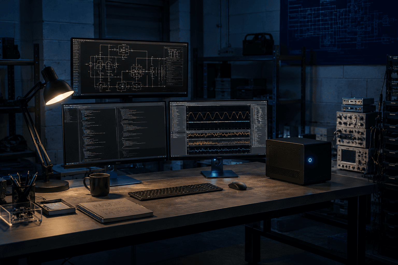 An AI workstation on a steel-frame engineering desk with multi-monitor schematic display, late evening, blue power LED visible