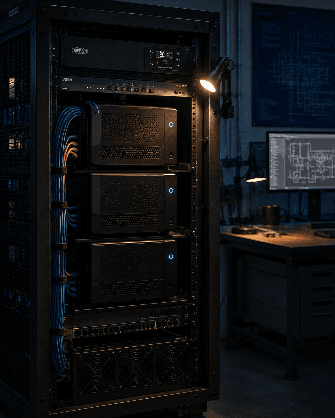 Three AI workstations rack-mounted with bundled cables in an engineering environment