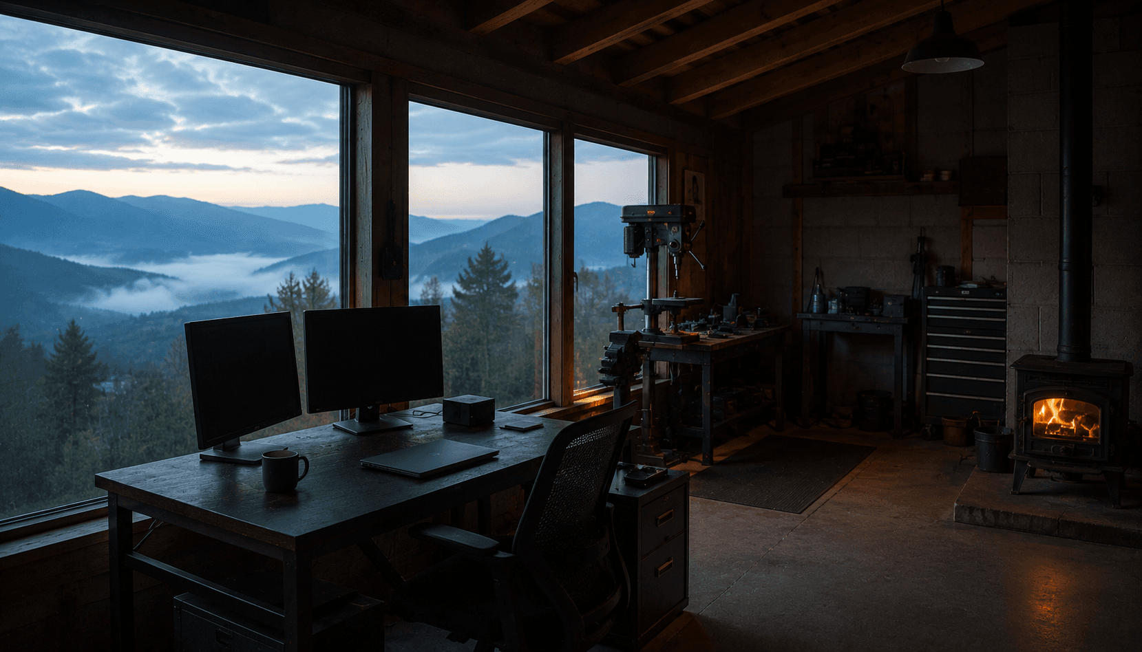 Mountain workshop interior at dawn