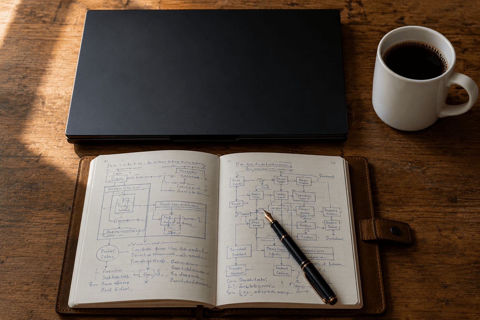 A leather notebook open on a wooden desk with a hand-drawn workflow diagram