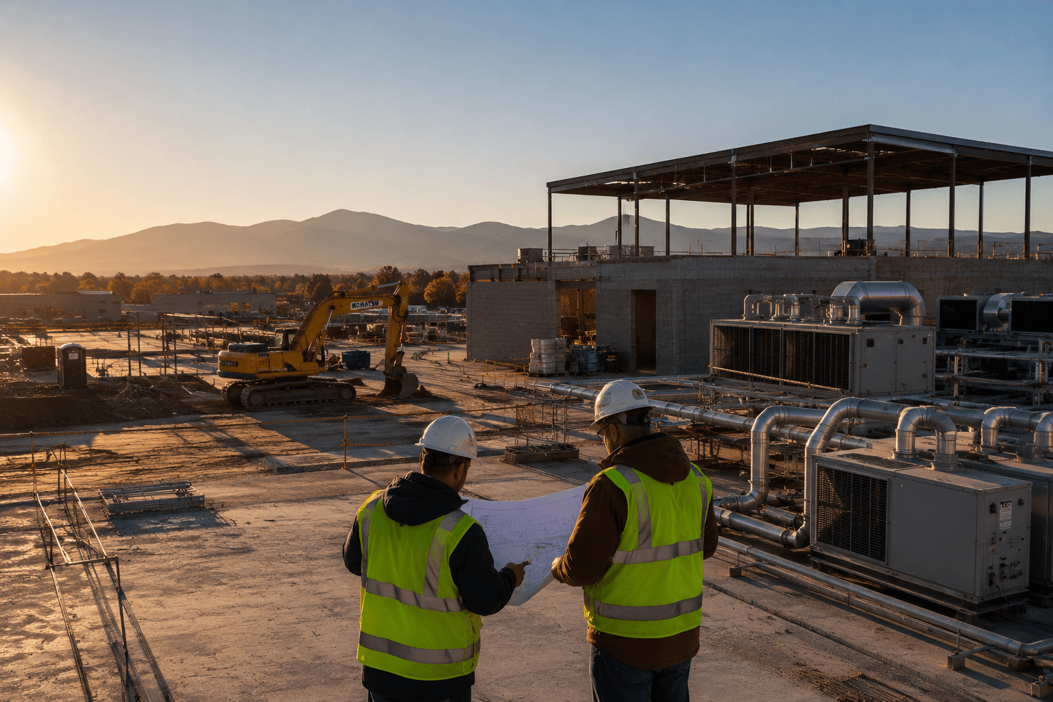 Two commercial contractors reviewing a drawing on a job site at golden hour, with mechanical equipment and an excavator visible