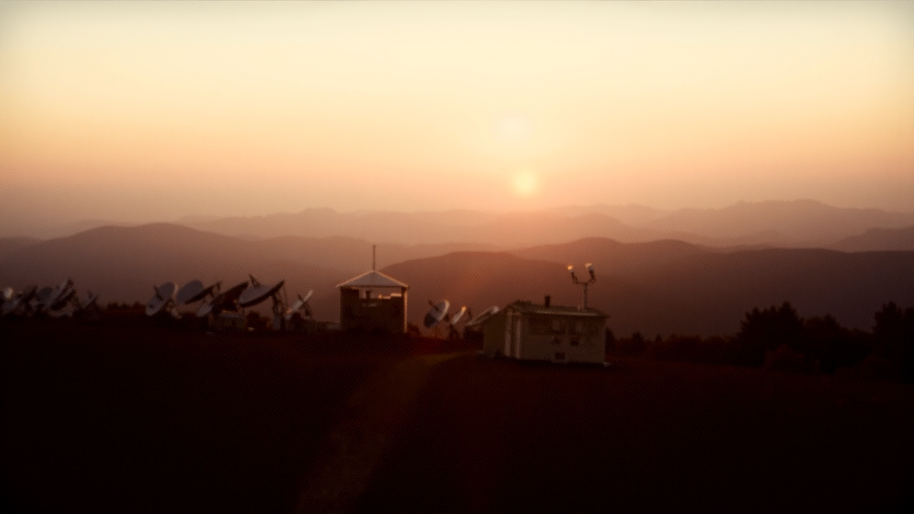 Antenna towers along a mountain ridgeline at sunset