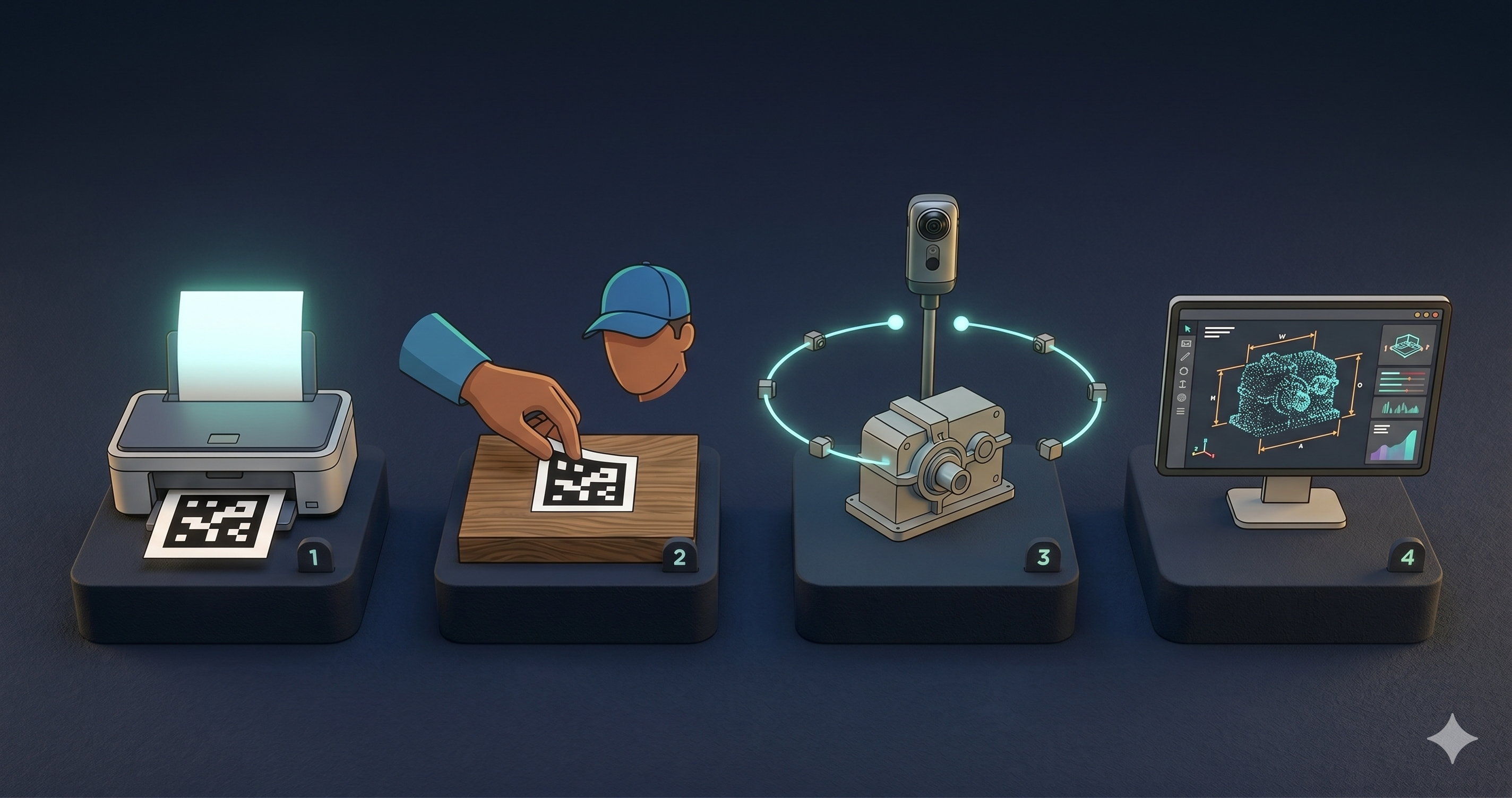 A clean infographic showing the four-step capture protocol — print a tag, place it, capture normally, rescale — laid out as a horizontal flow with small icons for each step