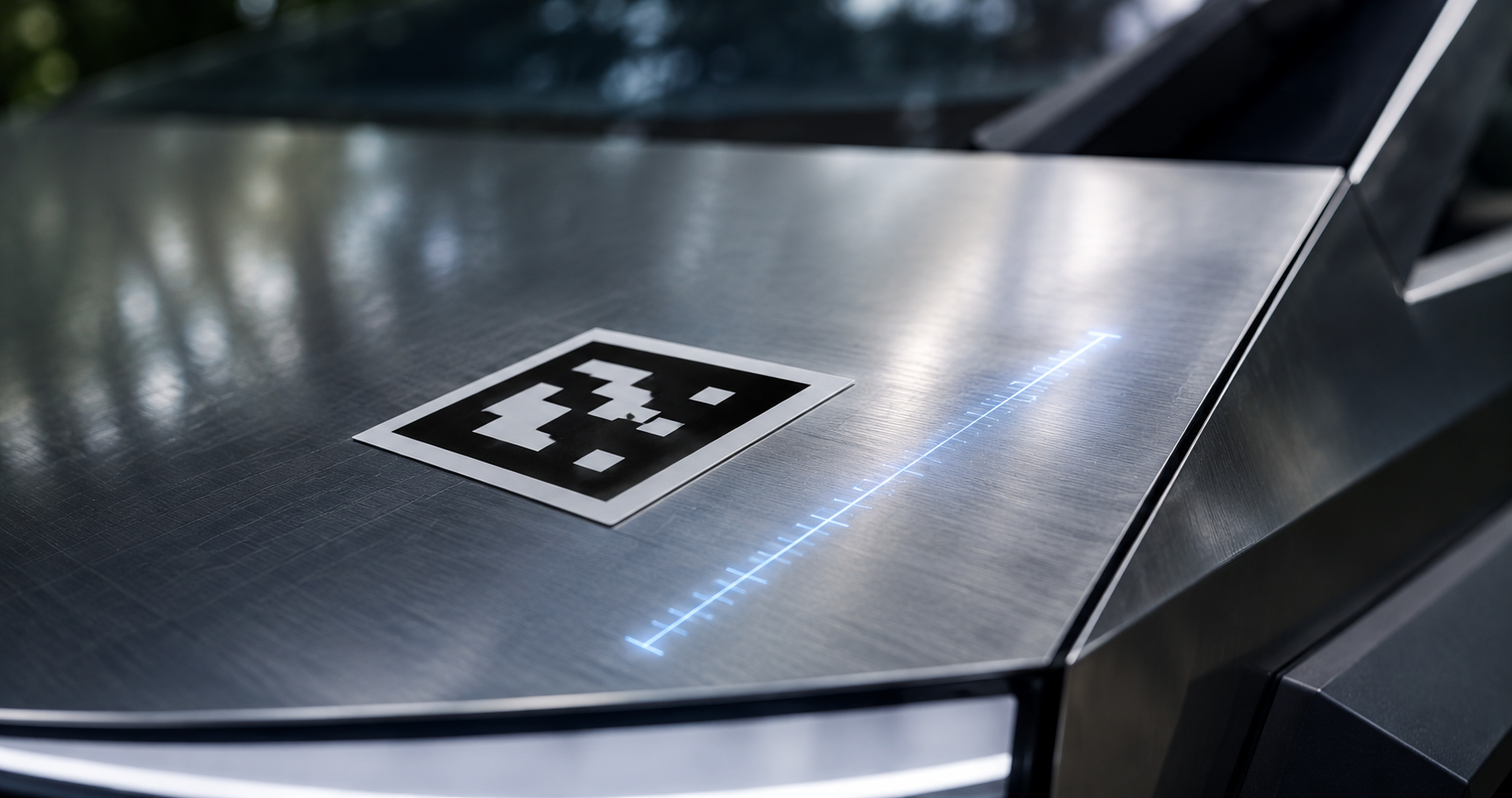 A printed black-and-white AprilTag paper square sitting on the hood of a car, with a faint glowing measurement grid extending outward from the tag — showing distances ticked off along the car's silhouette in real-world units like "1.4m," "82cm," "3.2m"