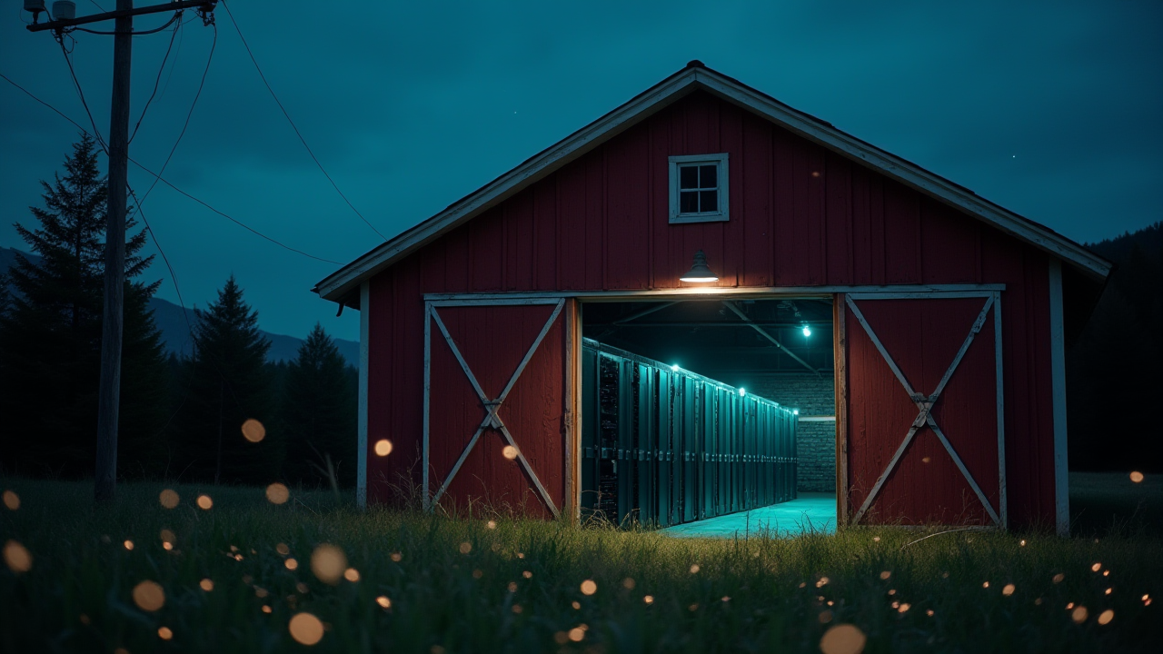 A barn at night with server racks visible through the open doors