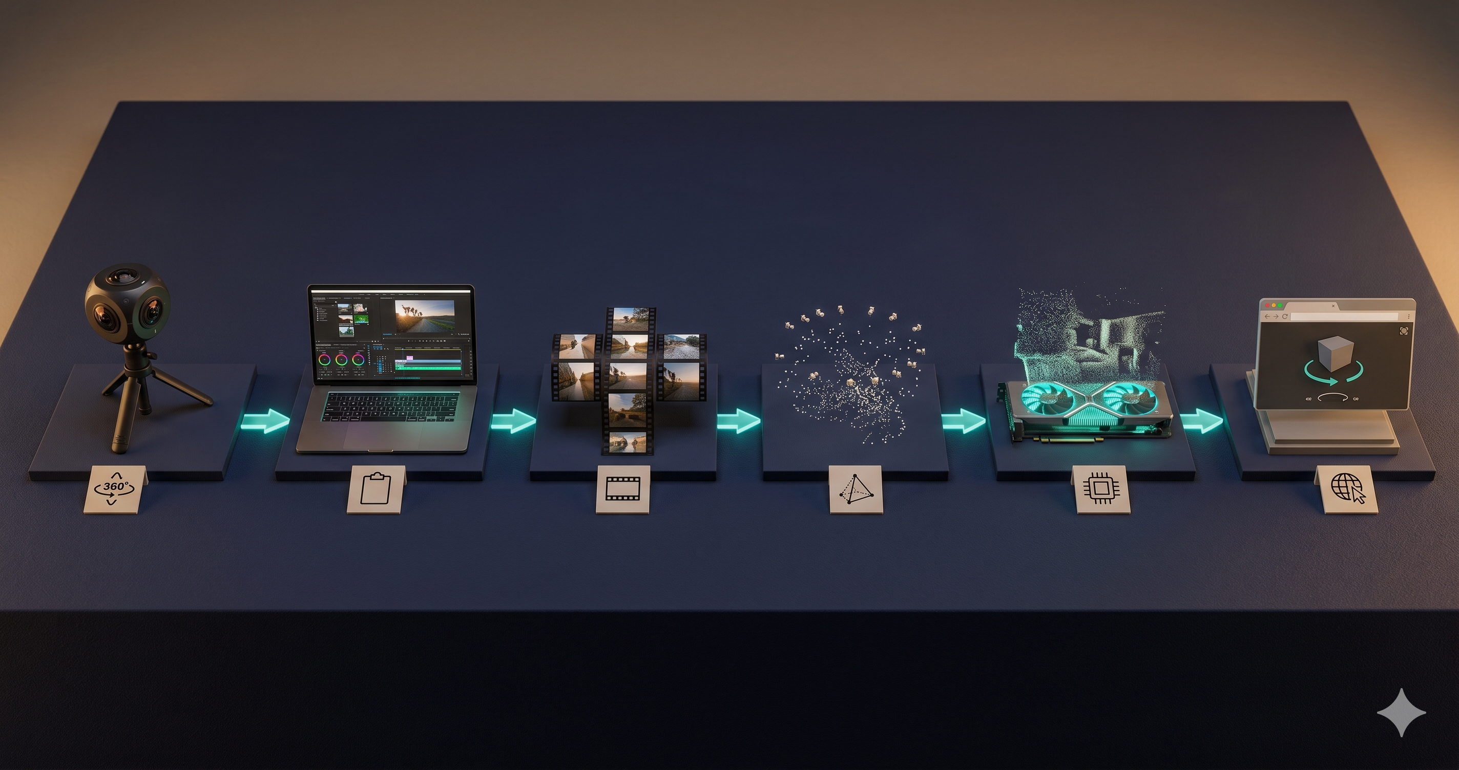Pipeline diagram showing six labeled stages flowing left to right: 360 capture, Studio stitching, ffmpeg cube-face slicing, RealityScan SfM, LichtFeld training, SuperSplat compression