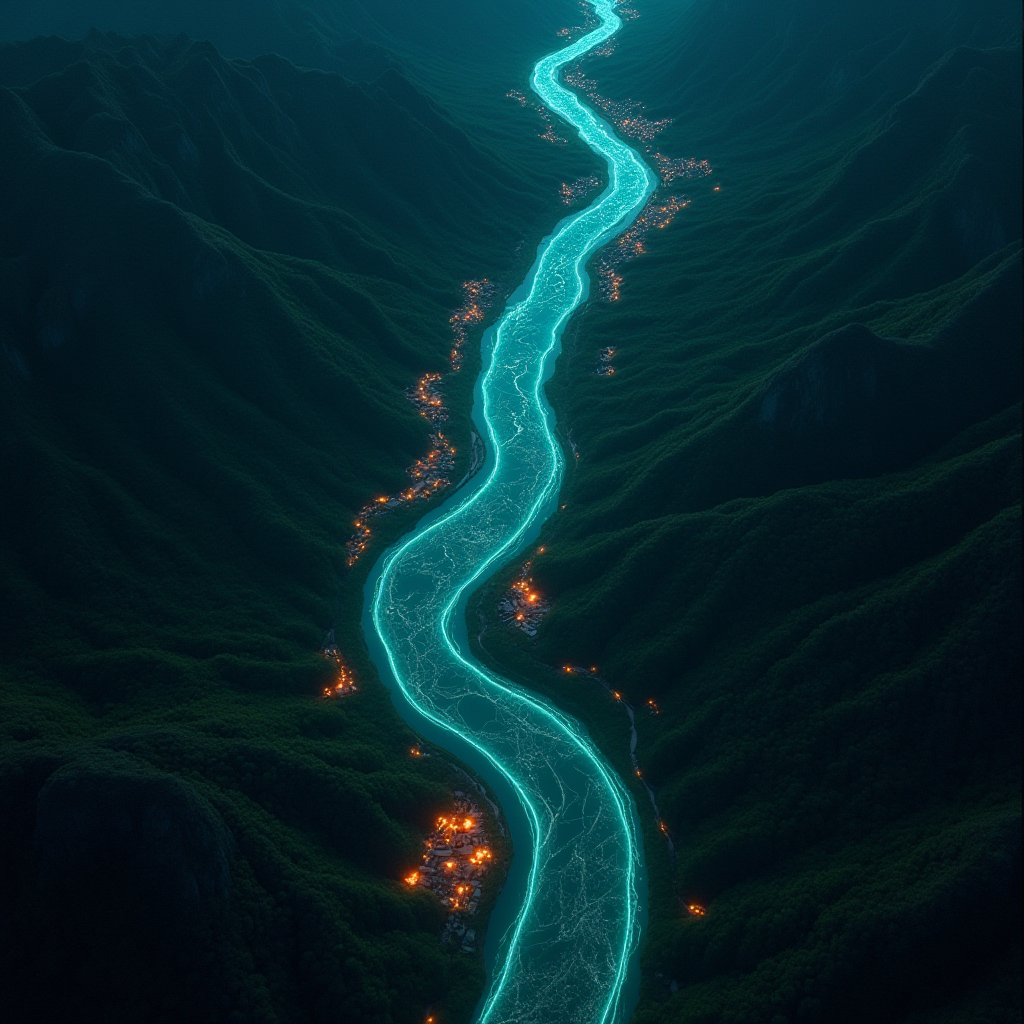 A glowing data stream flowing through a mountain valley