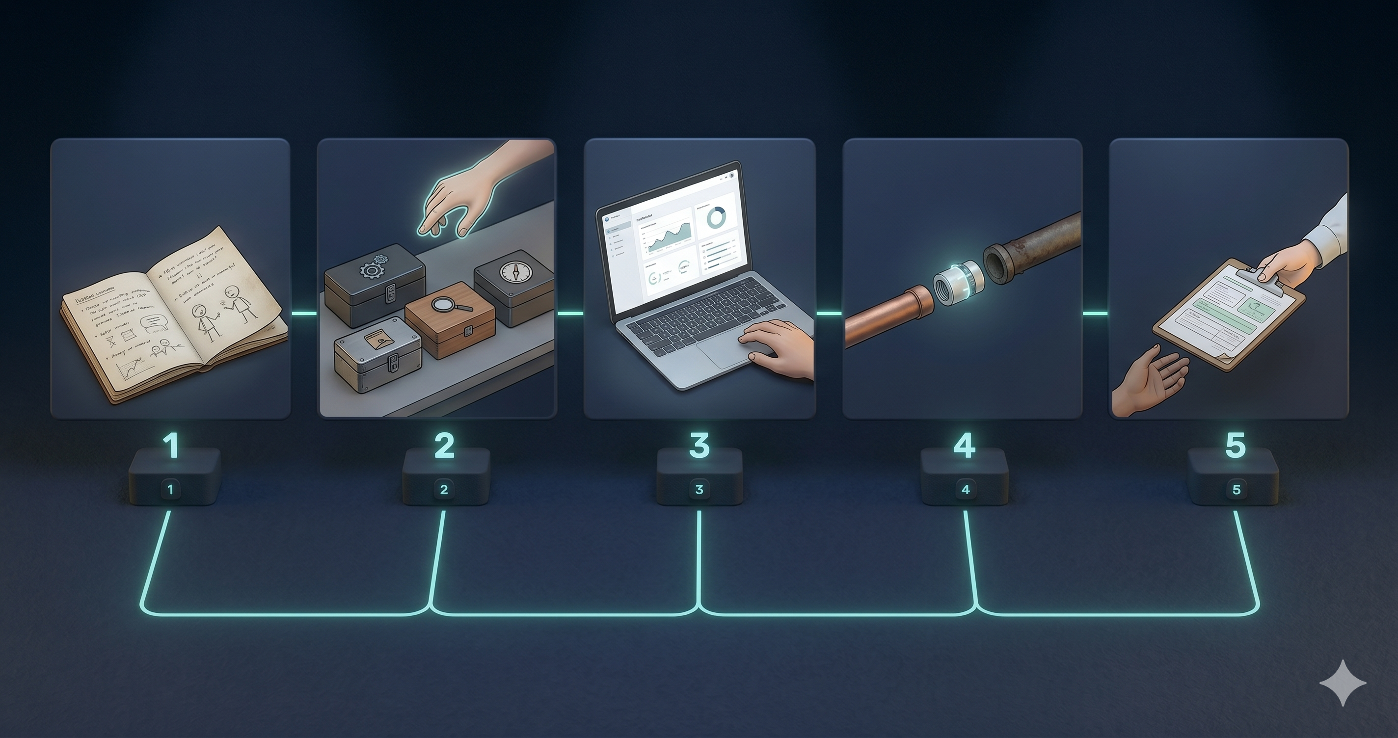 A horizontal flow showing the five stages — archaeology, tool selection, MVP agent, system integration, handoff — with Octo present at each stage in a slightly different posture (asking questions at stage 1, sketching at stage 2, coding at stage 3, soldering connections at stage 4, watching with a coffee at stage 5)