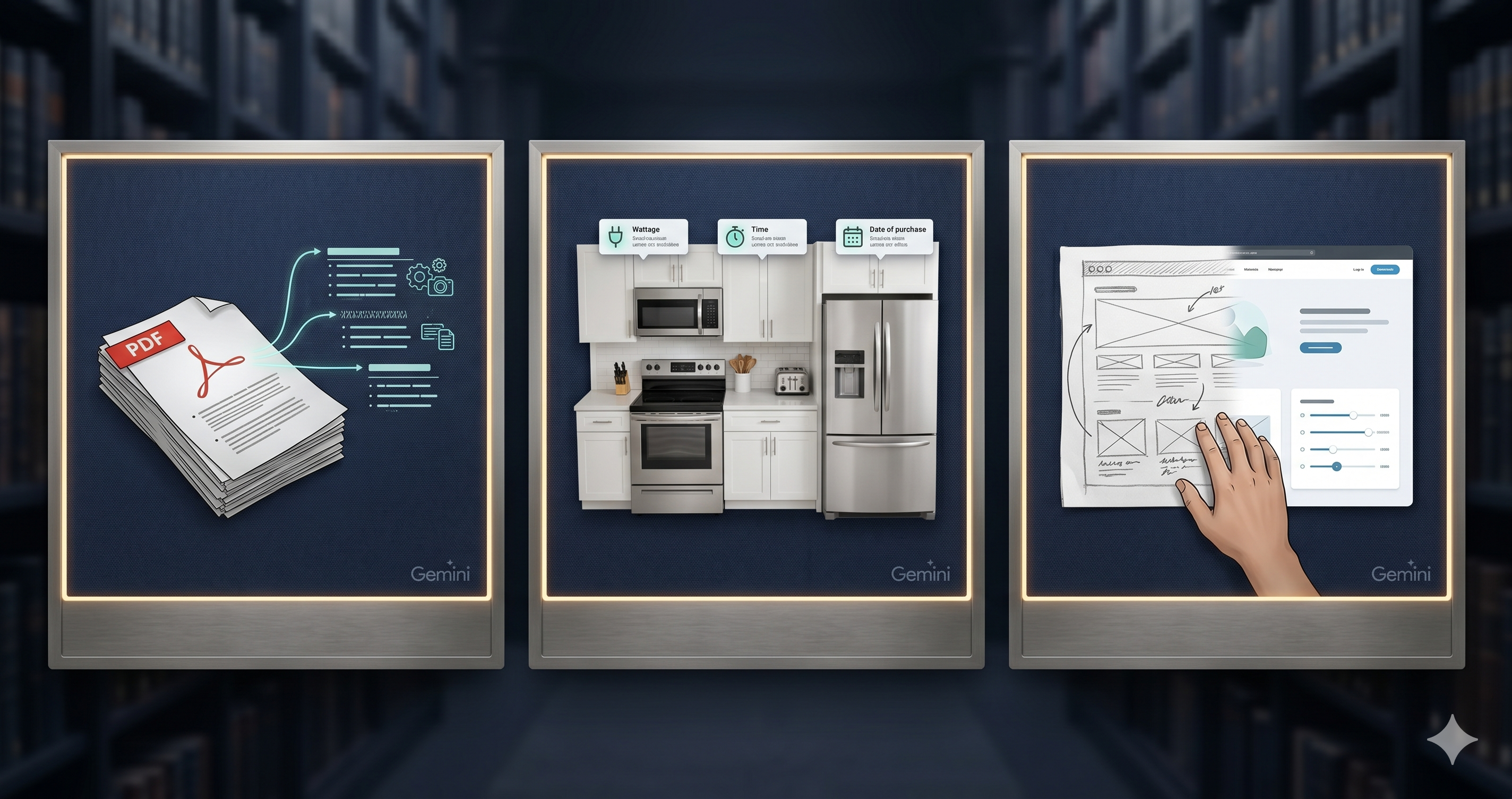 A horizontal triptych showing three tasks where Gemini excels: left panel — a stack of PDFs with a clean structured summary rendering out; middle panel — a phone photo of a kitchen with structured attribute tags appearing over each appliance; right panel — a rough sketch on paper becoming a clean interactive website mockup. Each task has a small "Gemini" tag