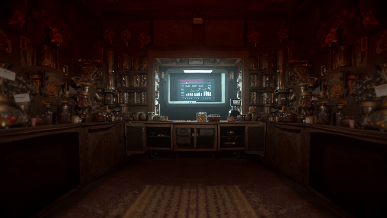 A general store with a digital dashboard in the window