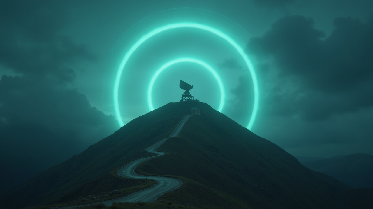 A radar array scanning across misty mountain peaks