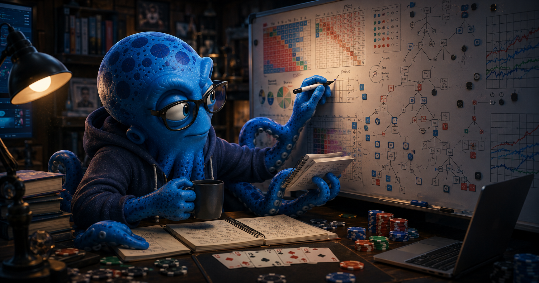 Octo at a whiteboard covered in poker ranges and solver outputs, mug in one tentacle, deep in study mode — putting in the hours at the lab