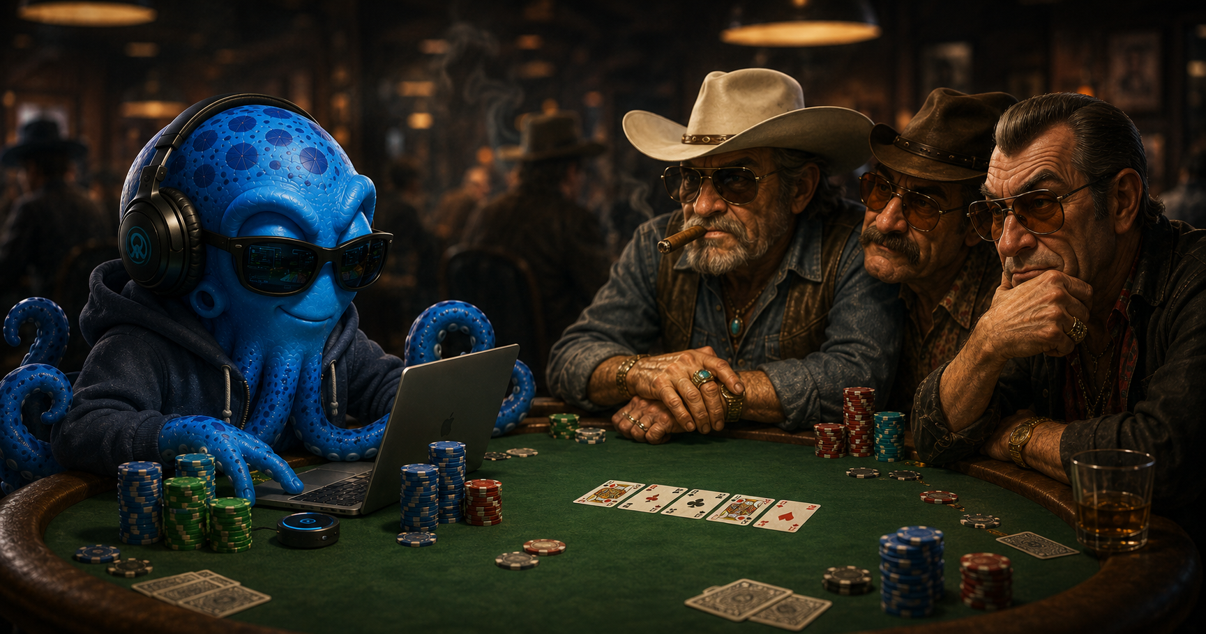 Octo the online kid at a live felt table across from grizzled old-school poker legends sizing him up — the generational standoff