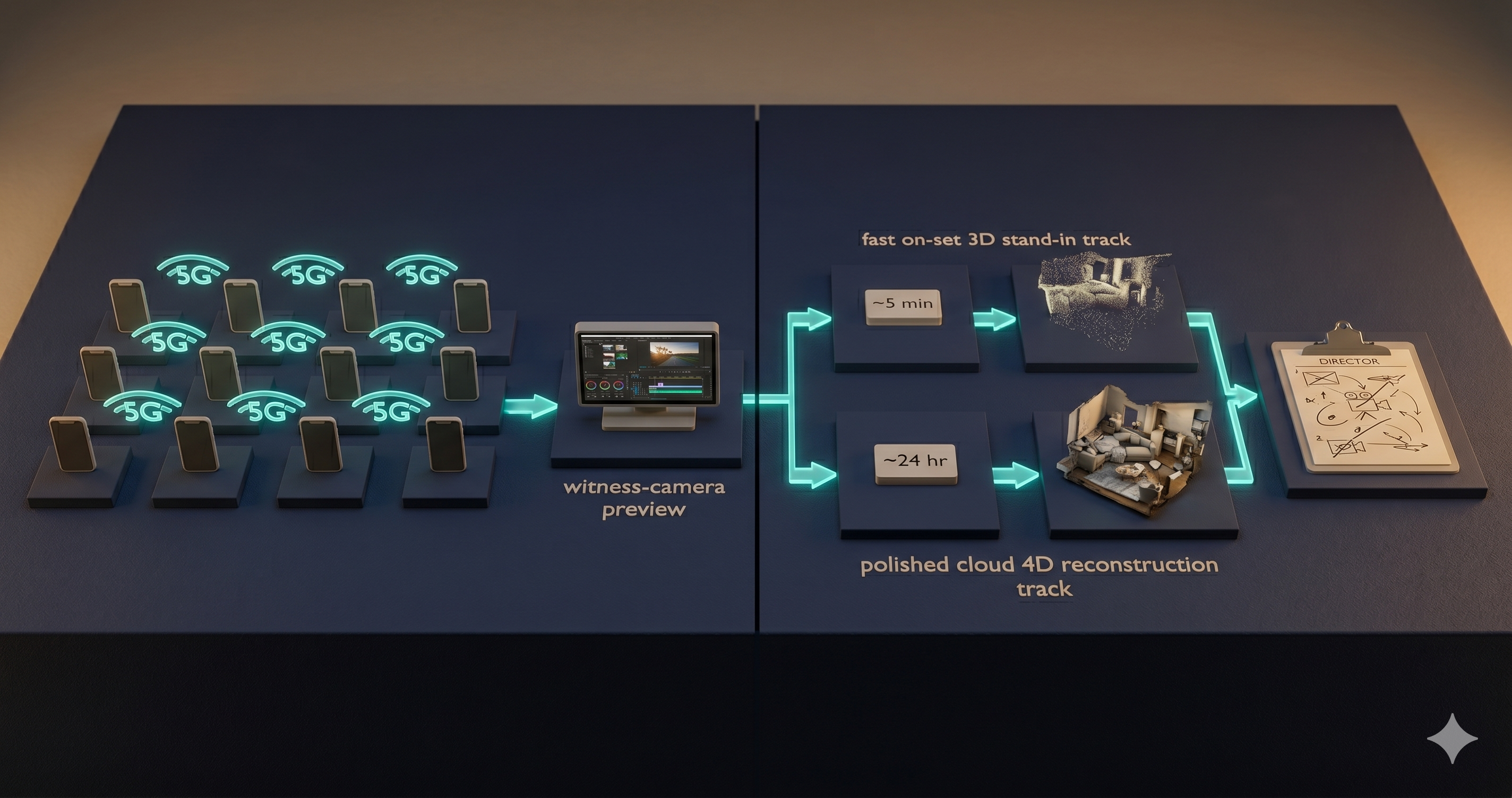 A split-screen diagram: left side shows a golfer being captured by an array of iPhones with a witness-cam screen showing low-bitrate preview; right side shows two parallel pipelines — a fast on-set 3D stand-in (5 min) and a polished cloud 4D reconstruction (24 hr) — both feeding into a director's camera-move workstation
