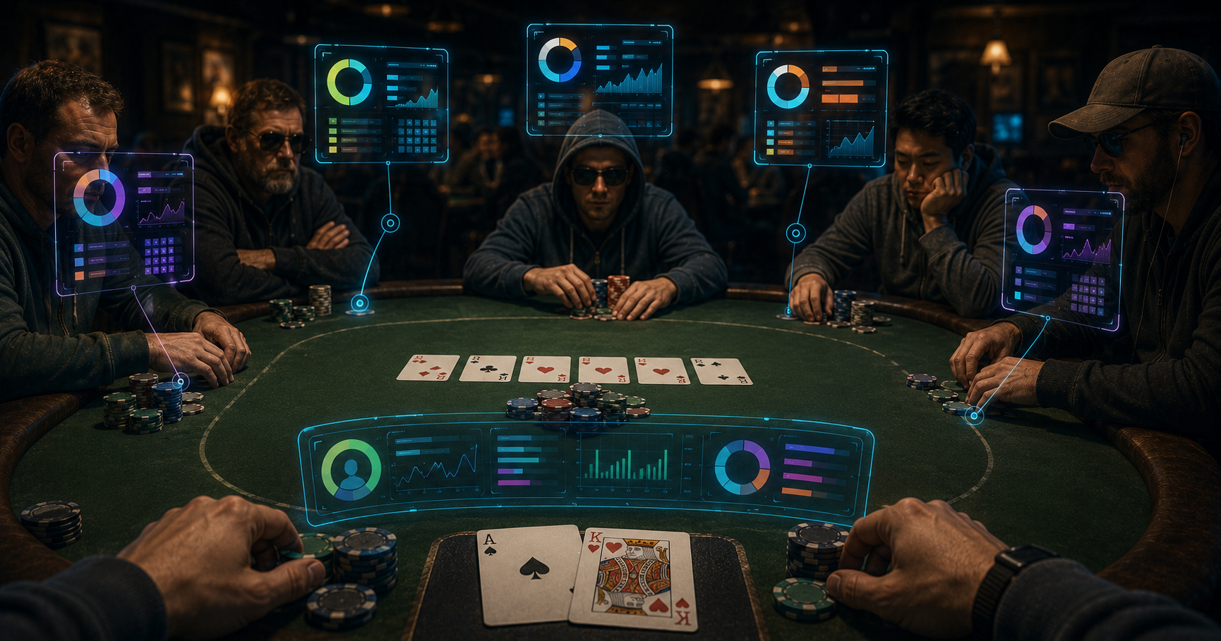 A poker table seen from a player's seat with translucent stat panels floating over each opponent — fold percentage, aggression, hands played — a dossier on every stranger