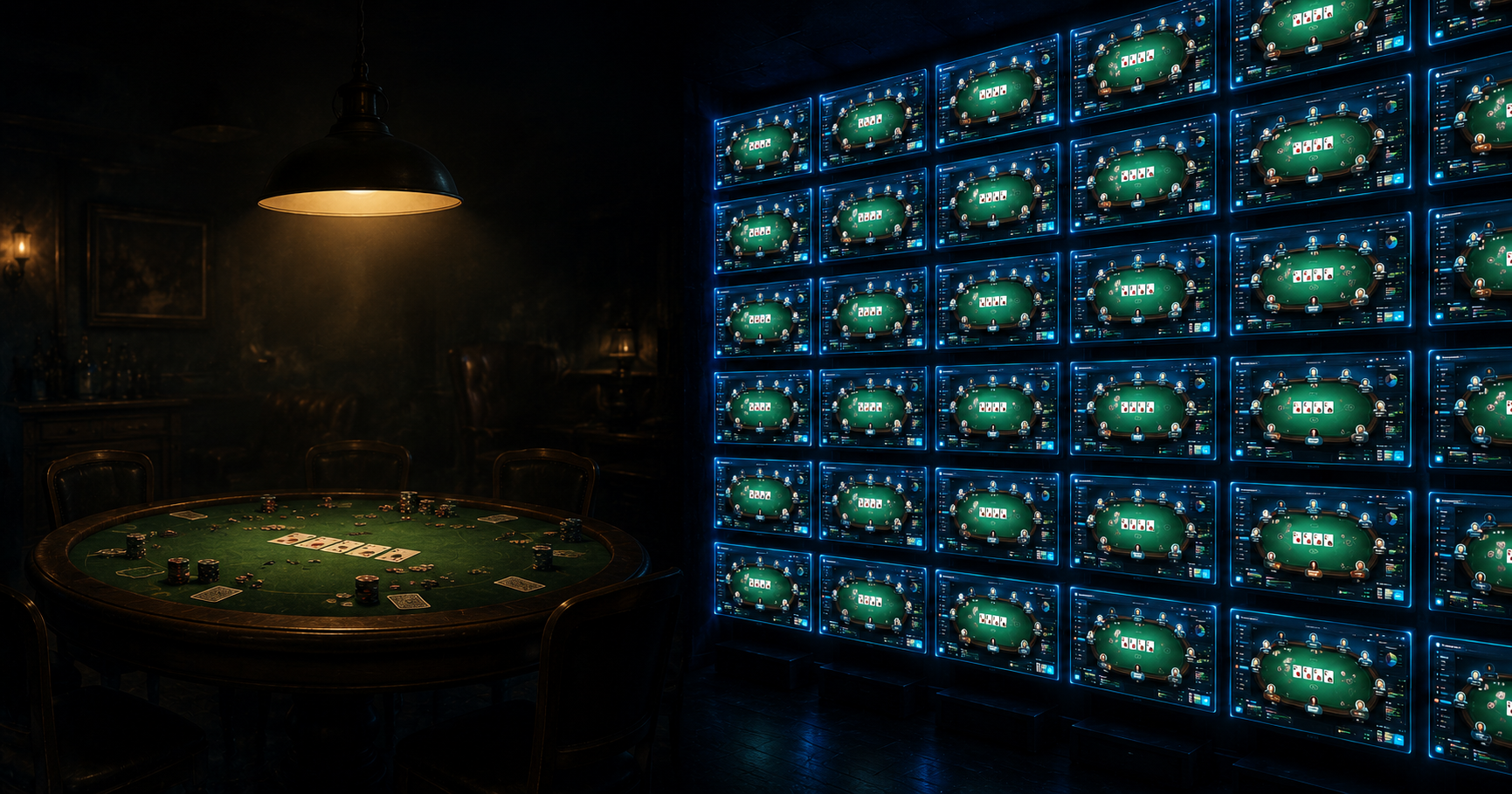 A single slow felt table on the left lit by one dim lamp; on the right, a glowing wall of dozens of tables stacked like screens — the same hour of poker, a hundred times the hands