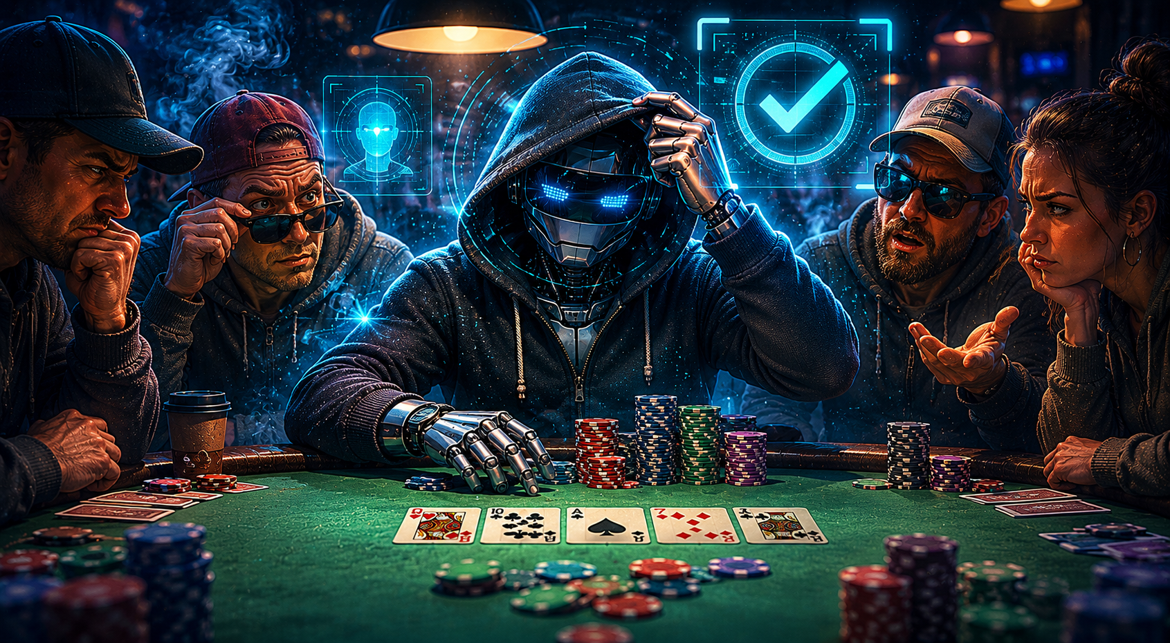 A poker table where one hooded player is being revealed as a machine underneath — the others staring — with a faint "verify" stamp hovering over the scene