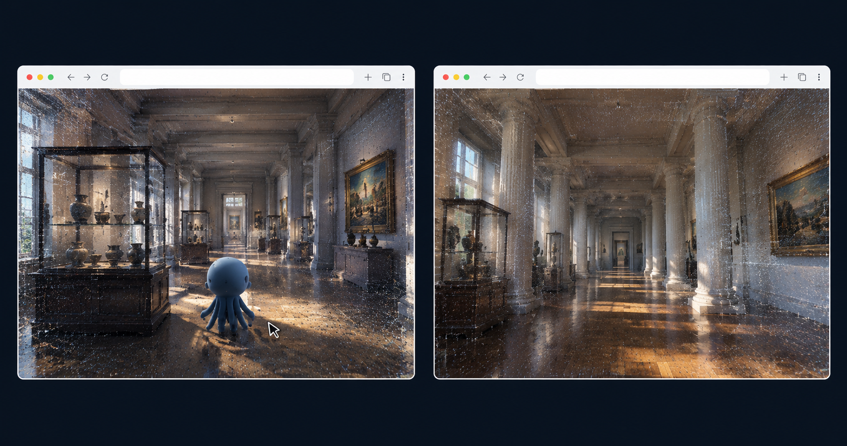 Two browser windows side by side. Left: a third-person view of a navigable splat museum with a character avatar walking past a display case. Right: a first-person view of the same museum, the camera positioned where the user's eyes would be, walking down a colonnade