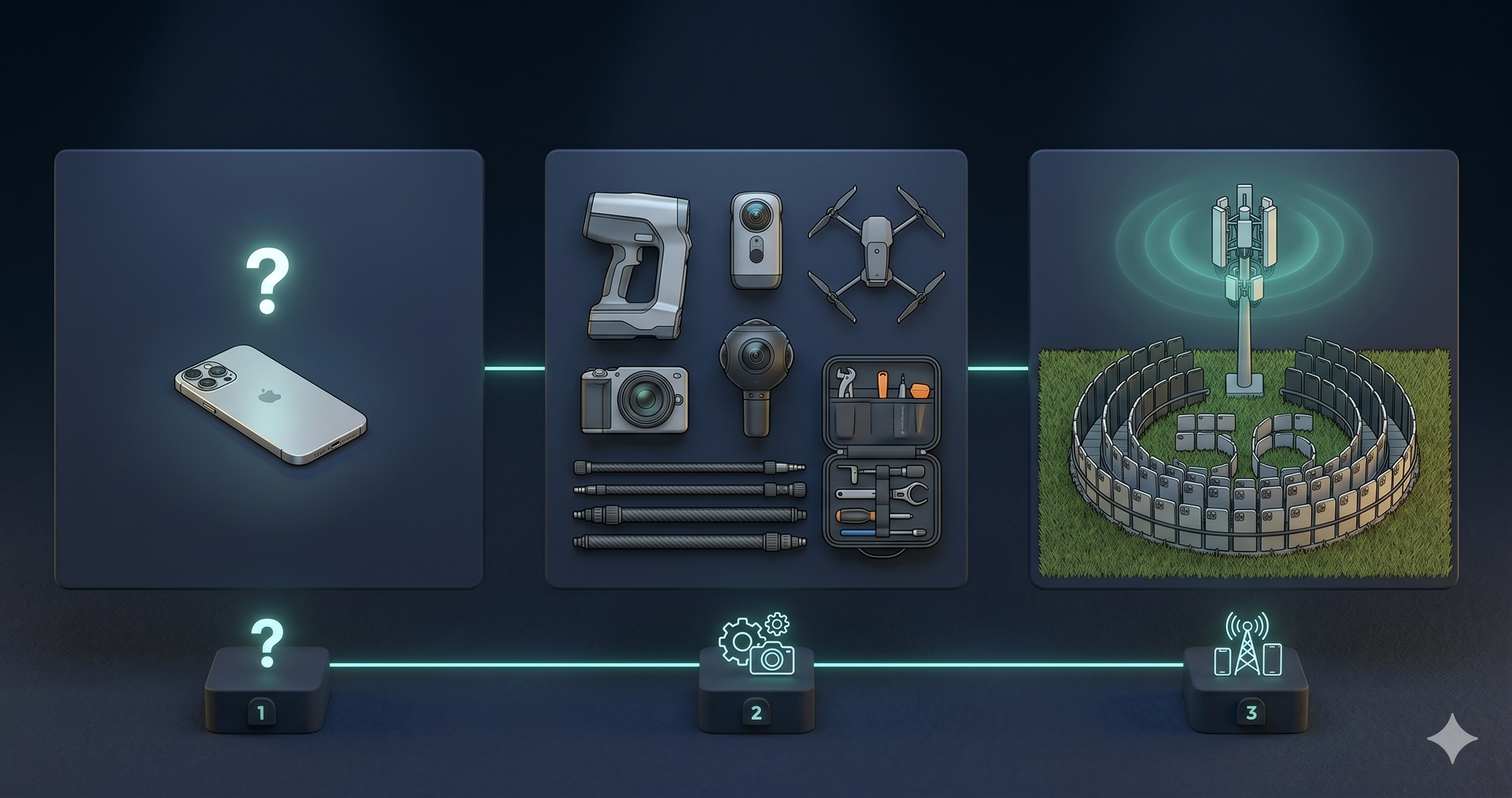 Two side-by-side panels. Panel 1: a single iPhone on a clean surface with a small question mark hovering above it. Panel 2: a top-down view of a production rig laid out flat — handheld 3D scanner, 360-degree camera, drone, carbon-fiber poles, kit bag. Each panel labeled with a small illustrative icon — not text. Clean, museum-display style