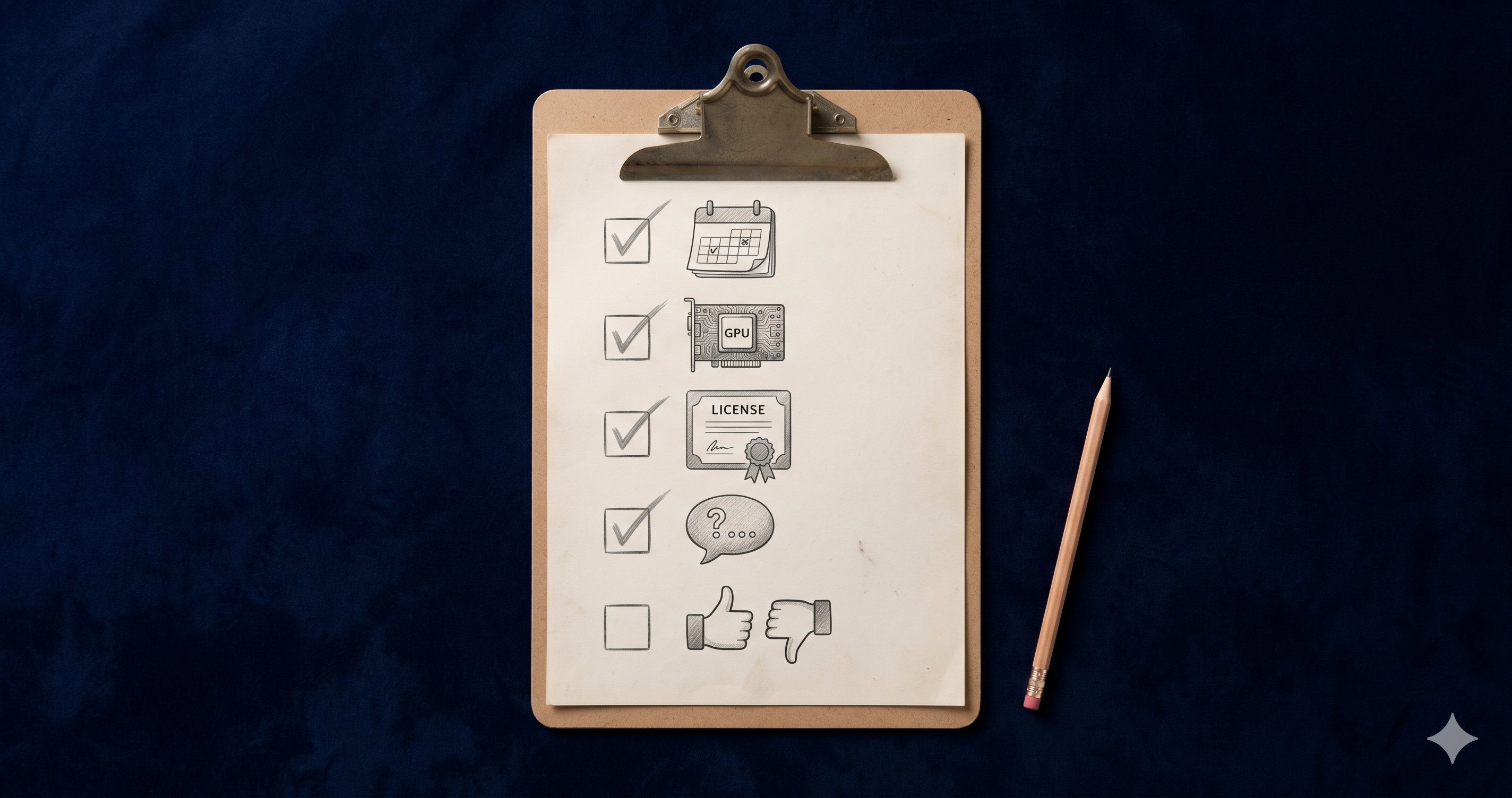 A small clean checklist on a clipboard, in Octo's hands, with five items: "1. Release date — actually new?" "2. Hardware — runs on what I have?" "3. License — usable for business?" "4. Critical replies — what do practitioners say?" "5. Would I deploy this?" Each line has a small checkbox; the first four are partially checked, the fifth is unmarked
