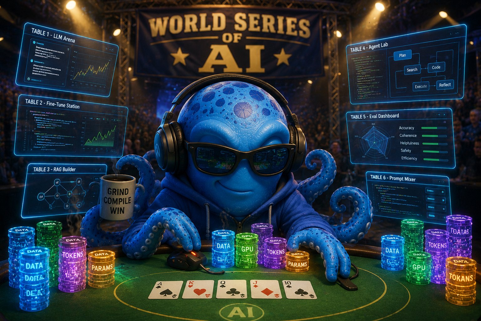 OctoBot at the World Series of AI — a friendly blue octopus in a hoodie and sunglasses at a poker table, chips made of glowing data, screens floating around him