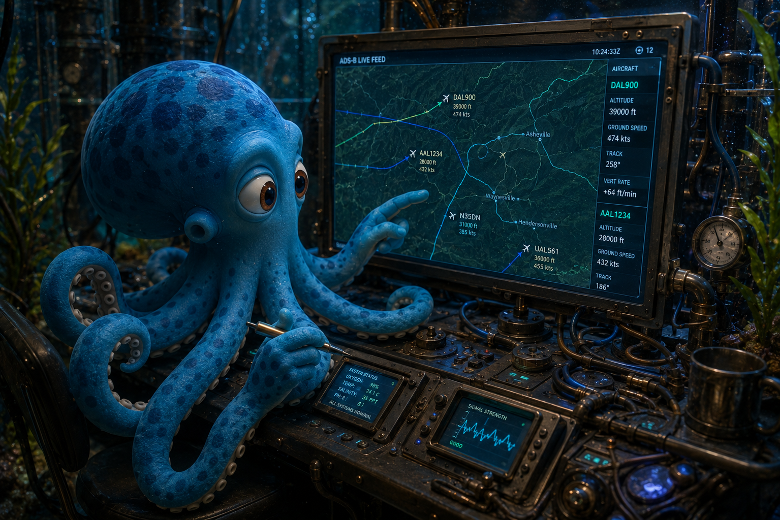 Octo at an ADS-B live aircraft tracking console — the adsb-decode operator view