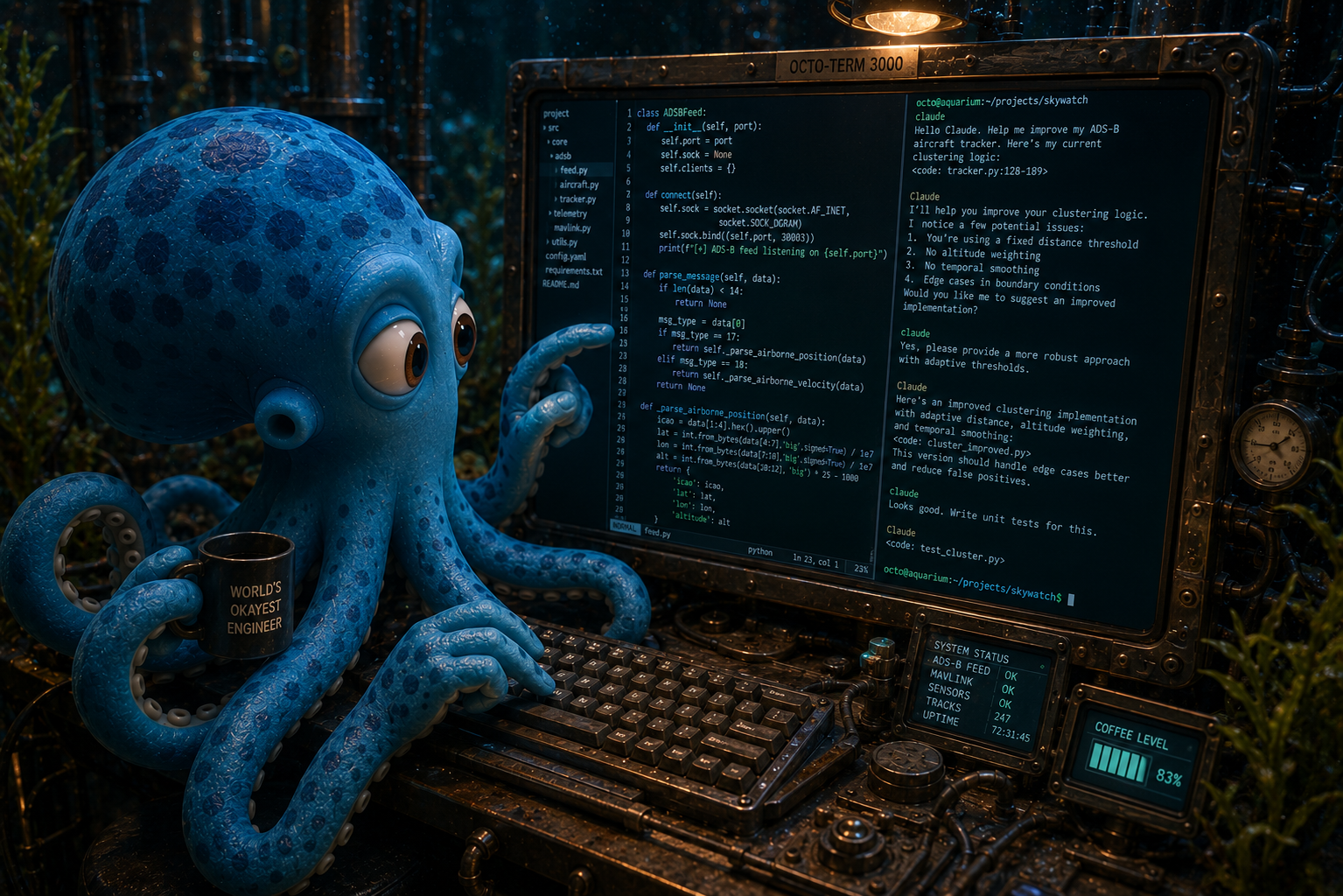 Octo at a wooden desk with three monitors. Left monitor shows a generic AI-generated mockup of a website. Right monitor shows the same site but with industry-specific details — seasonal logic, dispatch-fee passthrough, real customer fields. Center monitor shows Octo's notes annotating the differences between the two. The "industry-specific" monitor glows brighter