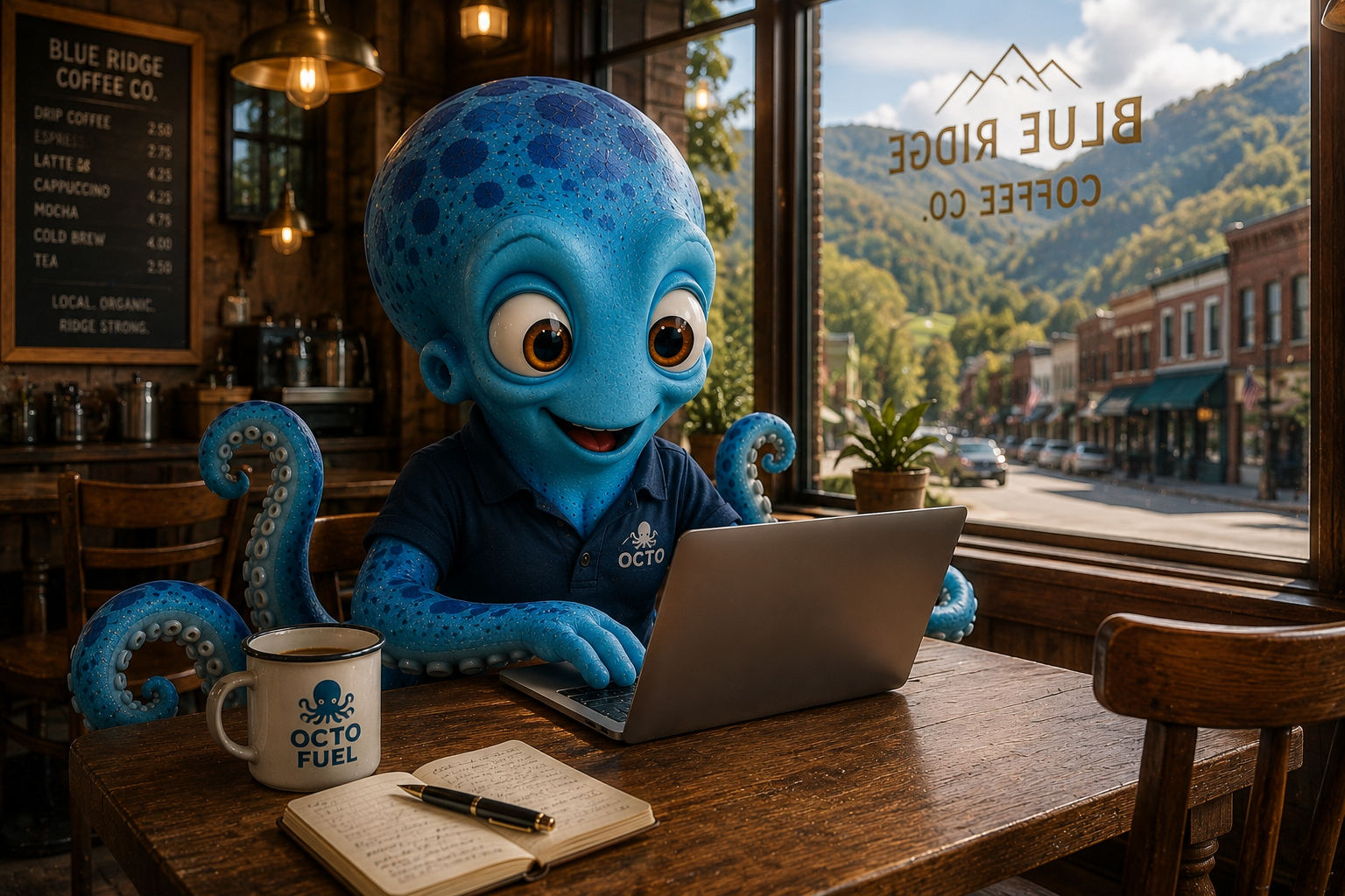 Octo in a coffee shop sitting across the table from a small-business owner — both have laptops open, mid-conversation, a notebook between them with a hand-drawn process flow. Octo is taking notes, the owner is talking. No technology theater