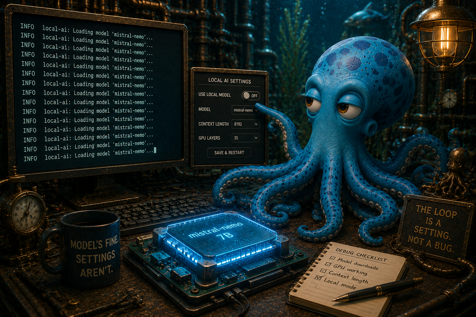 Octo at his terminal, the same line scrolling endlessly down the screen while he points at a settings toggle — the loop is a setting, not a bug