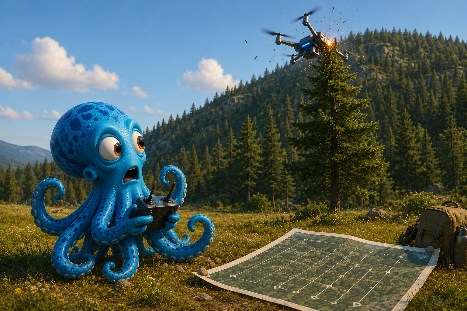 Octo in the meadow watching his drone clip a tree on the ridge — the flat grid map that didn't know about the hill lying at his feet