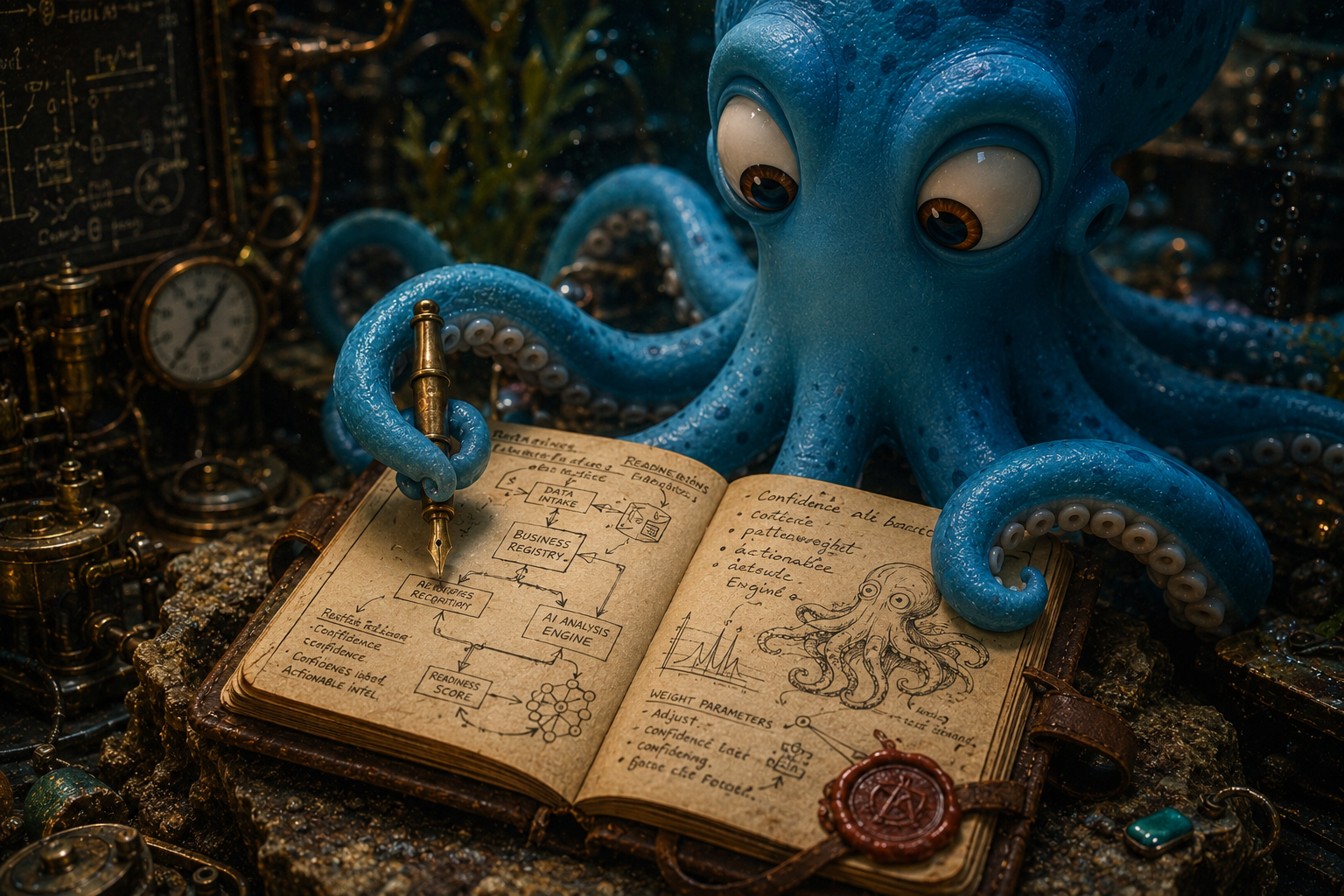 Octo standing at the edge of a familiar small-town street, but the street is rendered in three different visual styles in three different parts of the frame — left side photorealistic Street View, middle Ocean World aquatic, right side Stone Age — and Octo is in the center, looking from one to the other as if choosing