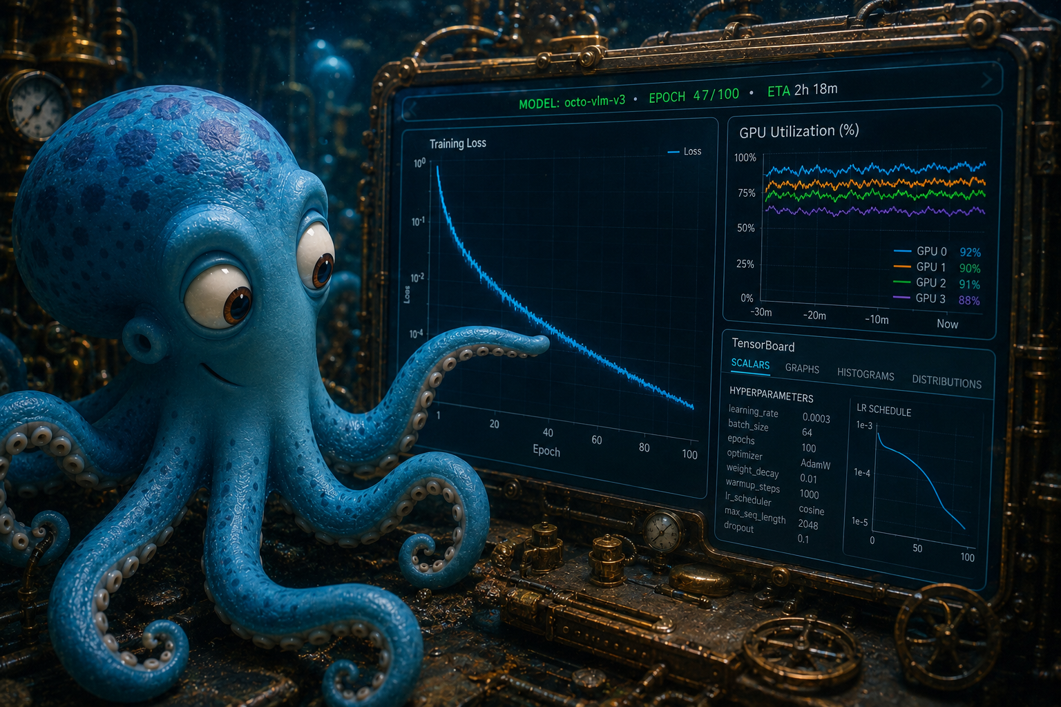 Octo at a desk with a paper PDF on one side and a glowing tablet on the other side, with a thin glowing trail connecting them — the tablet displaying a fully-rendered interactive website with charts, sliders, and a "live demo" button. Octo is reading the PDF while the tablet renders in the background, no human intervention visible