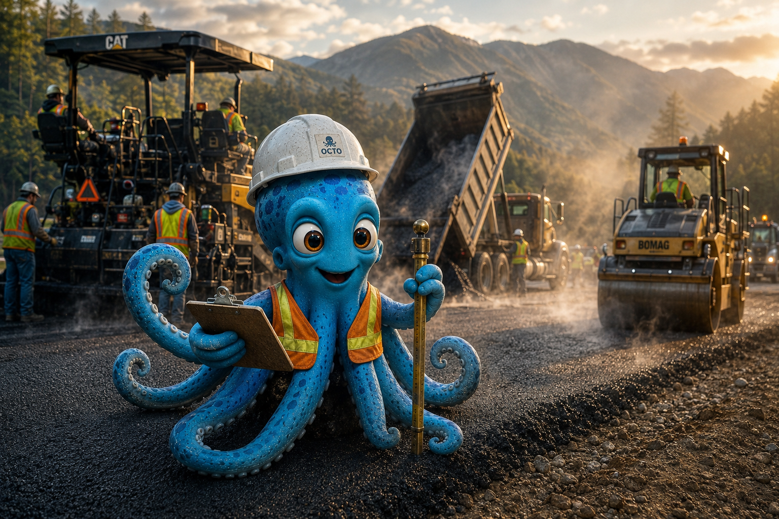 Octo standing at the edge of a golf course green with a 360-degree camera on an extension pole, fall trees in the distance, lining up a wide capture of the cup area at sunset