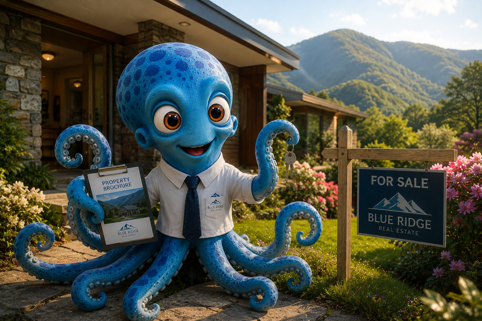 Octo presenting a small 3D model of a house on a tablet to a viewer who's reaching toward it, on the porch of a real estate listing