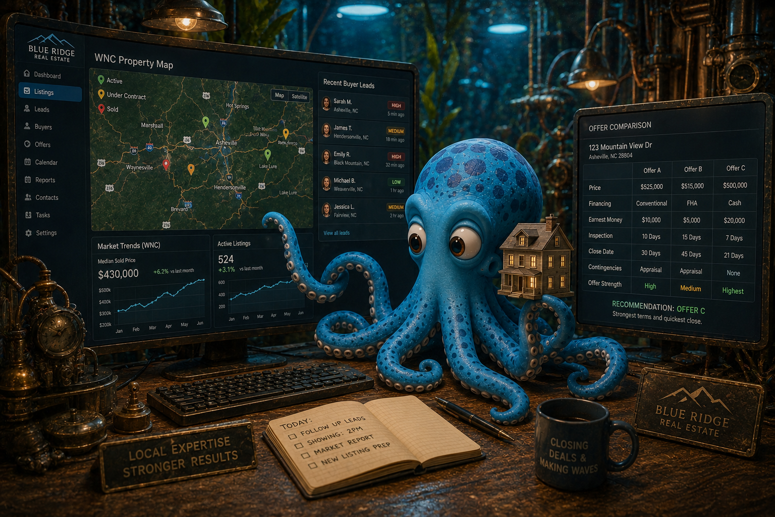 Octo standing in front of a small architect's table with a tablet showing a navigable 3D scene of a house, holding the tablet out to a viewer who's stepping into the scene — a thin glow connecting the tablet to a slightly larger floating scene above it, suggesting the viewer can enter