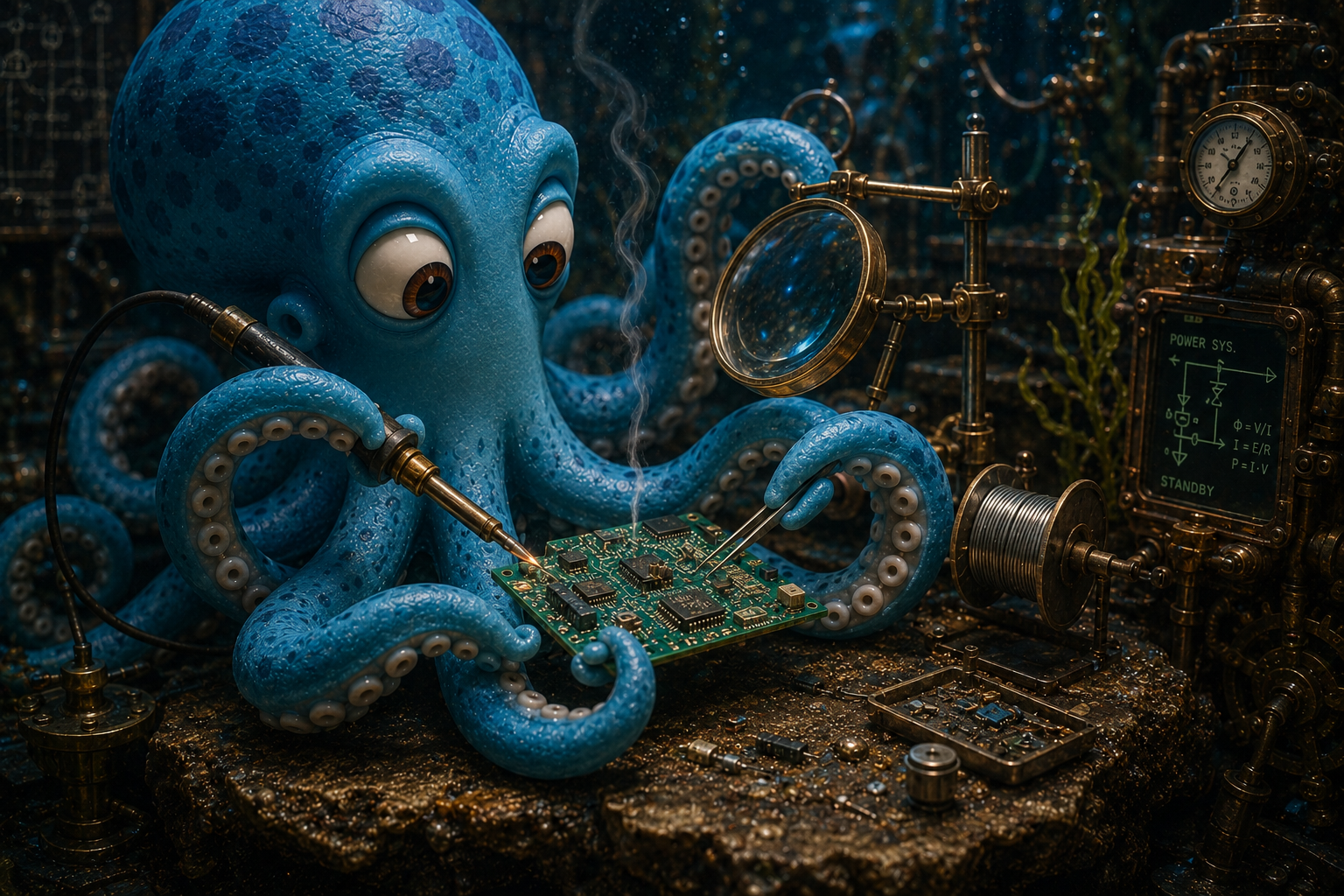 Octo holding a single iPhone in one hand, looking at it skeptically, while a much larger production kit sits open on a workbench behind — XGRIDS scanner, drone, poles, kit bag, Insta360 — clearly the real working setup