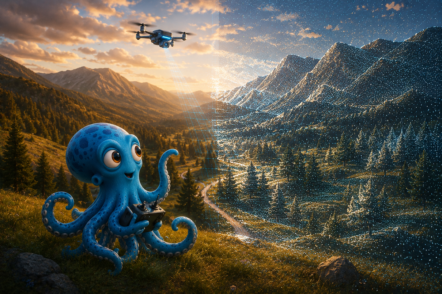Octo flying the capture drone as a real mountain valley resolves into a navigable 3D world — the Splatlas pipeline in one image