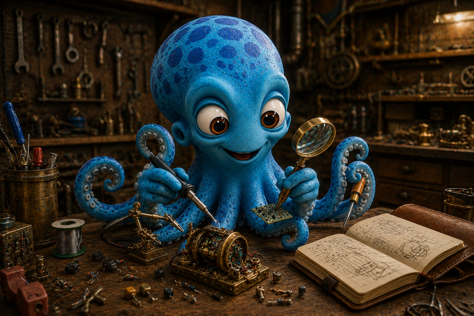 Octo at a workshop bench inspecting a phone with a magnifying glass, while behind him on the wall a chart shows three columns labeled "marketing claim," "actual requirement," and "what you have on your desk" — the third column conspicuously narrow